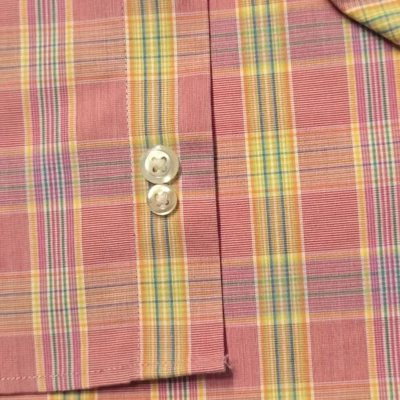 👔 Lands' End No Iron Shirt XL (17-17½)  Pink Yellow Check - Tailored Fit Cotton - Picture 6 of 12